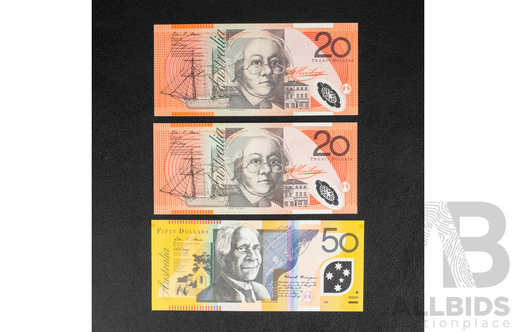 Three Australian Banknotes Including 2009 Fifty Dollars Stevens/Henry, 2007 and 2010 Twenty Dollars Stevens/Henry