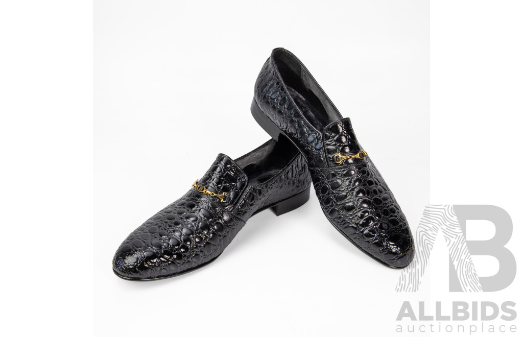 Pair of Bello Giffini Men's Brown Leather Crocodile Print Loafers, Size 10.5