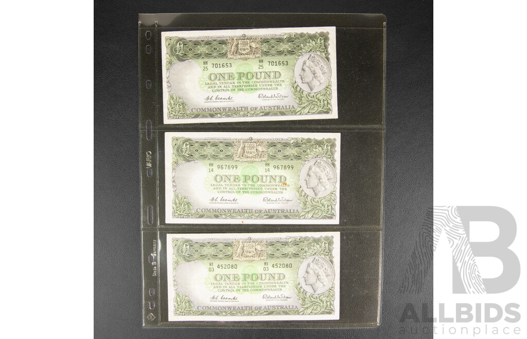 Three Australian 1961 One Pound Notes, R34 Coombs/Wilson