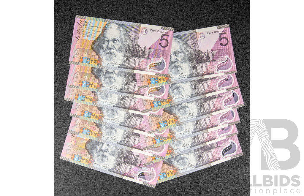Twelve Australian 2001 UNC Five Dollar Notes, MacFarlane/Evans, Semi Consecutive EI 01850742 - EI 01850757 (Lacking 745, 746, 747, 755)