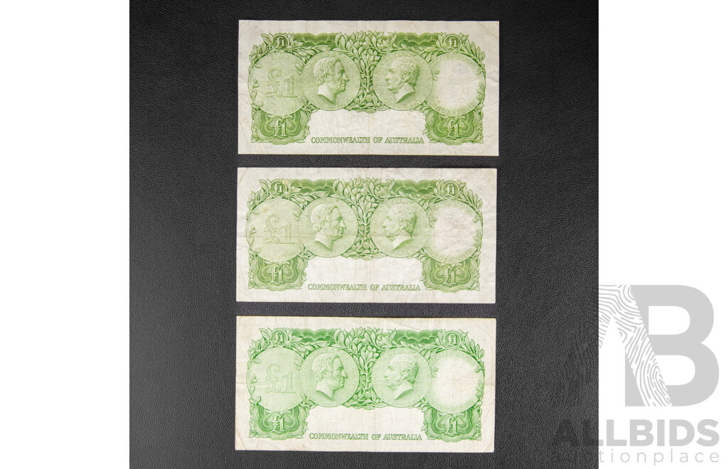 Three Australian 1961 One Pound Notes, R34 Coombs/Wilson