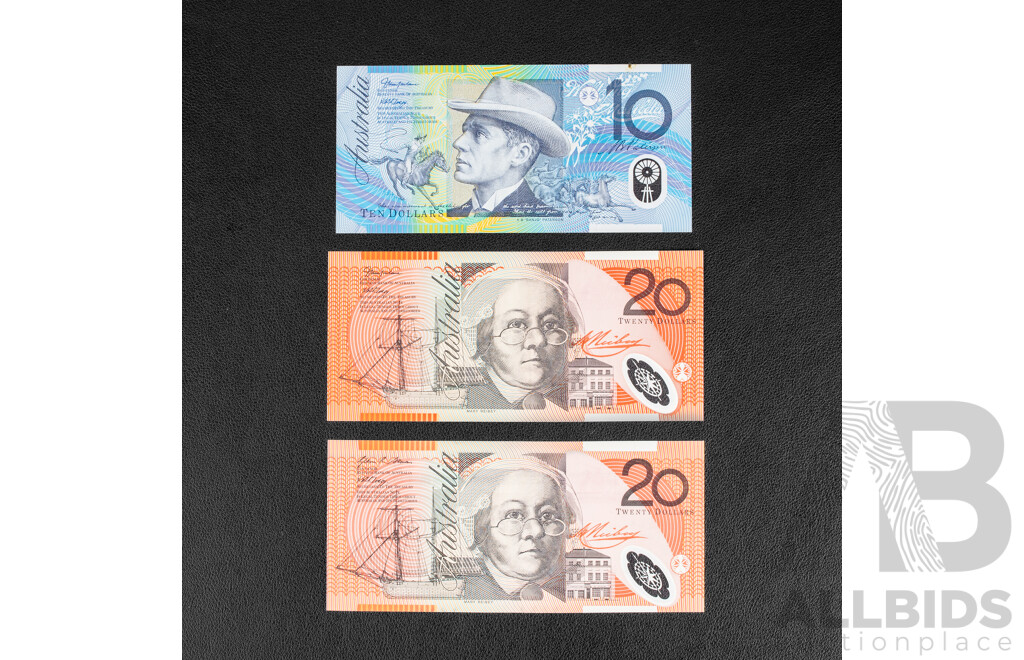 Three Australian Banknotes Including 2005 and 2007 Twenty Dollars, 2003 Ten Dollars