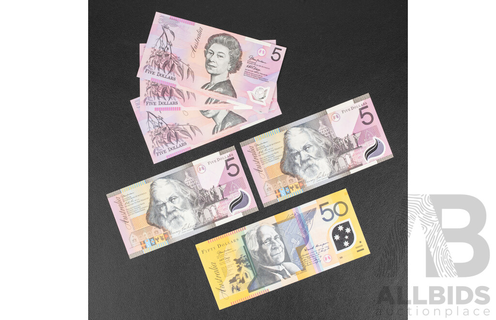 Six Australian Banknotes Including 1998(2) 2001(2) 2005 Five Dollars, 2006 Fifty Dollars
