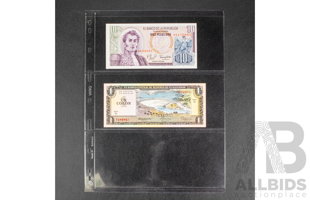 Collection of Vintage International Banknotes Including Argentina, Colombia, El Salvador, Afghanistan, Philippines, Jamaica, Hungary, Macedonia, Zaire