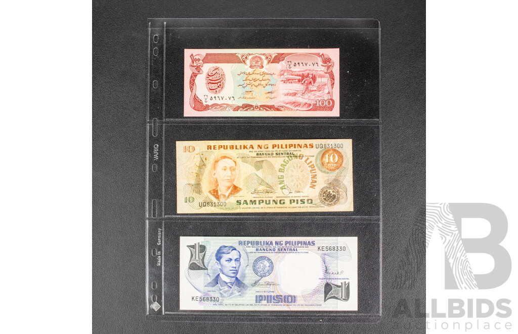 Collection of Vintage International Banknotes Including Argentina, Colombia, El Salvador, Afghanistan, Philippines, Jamaica, Hungary, Macedonia, Zaire