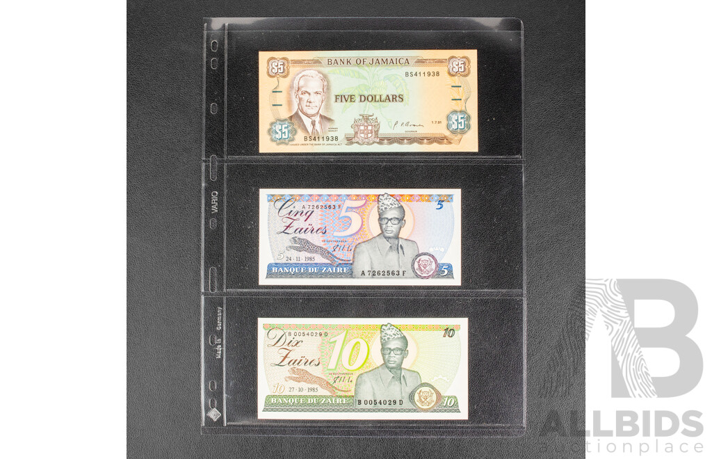 Collection of Vintage International Banknotes Including Argentina, Colombia, El Salvador, Afghanistan, Philippines, Jamaica, Hungary, Macedonia, Zaire