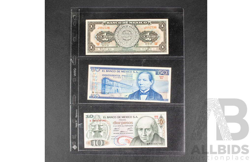 USA and Mexico Banknotes Including Five, Two and One Dollars, Fifty, Ten and One Pesos
