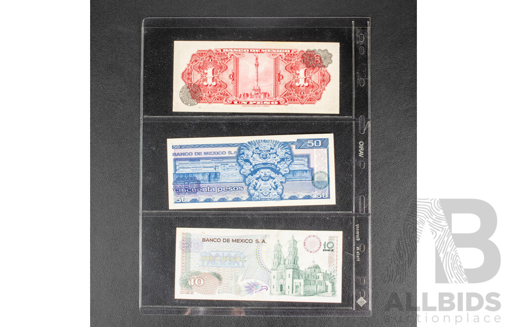 USA and Mexico Banknotes Including Five, Two and One Dollars, Fifty, Ten and One Pesos