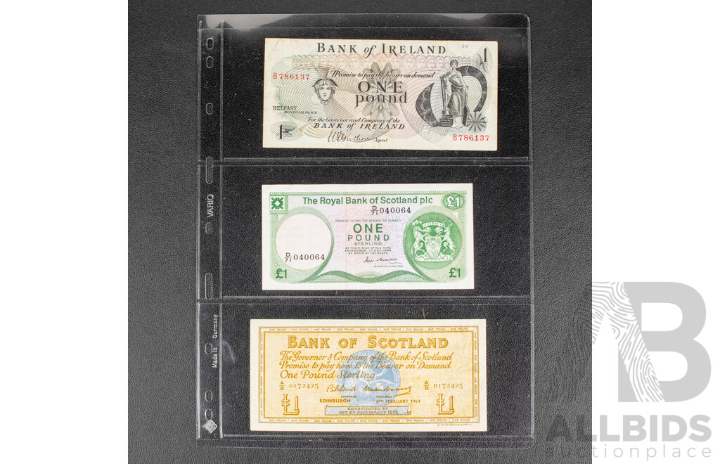 Collection of Banknotes Including Bank of England Ten Shillings, Scotland 1964 and 1986 One Pound, Ireland 1970's One Pound, St Helena 1970's One Pound and Fifty Pence