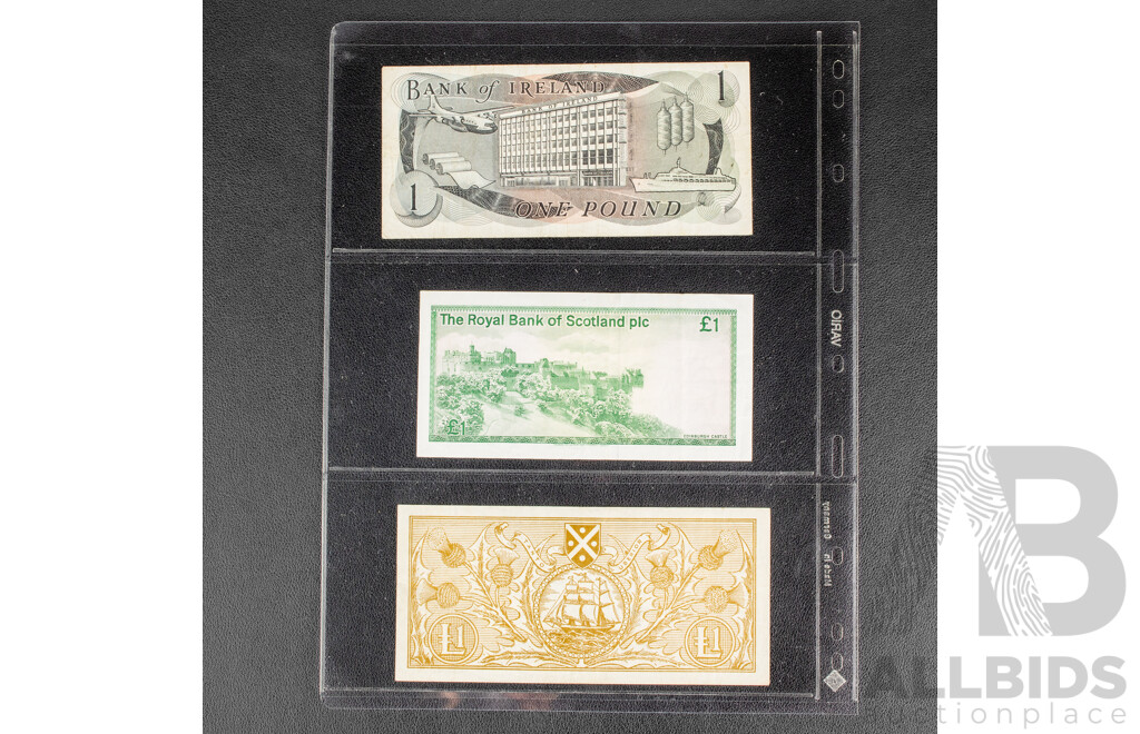 Collection of Banknotes Including Bank of England Ten Shillings, Scotland 1964 and 1986 One Pound, Ireland 1970's One Pound, St Helena 1970's One Pound and Fifty Pence