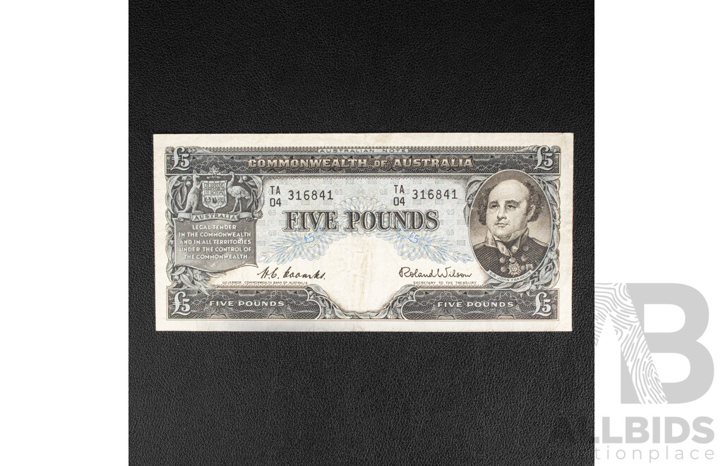 Australian 1954 Five Pound Note, R49 Coombs/Wilson, TA 04 316841
