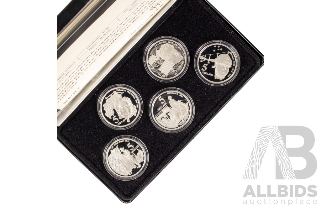 Australian 1995 Masterpieces in Silver Five Silver Proof Five Dollar Coins, Colonial Australia .925