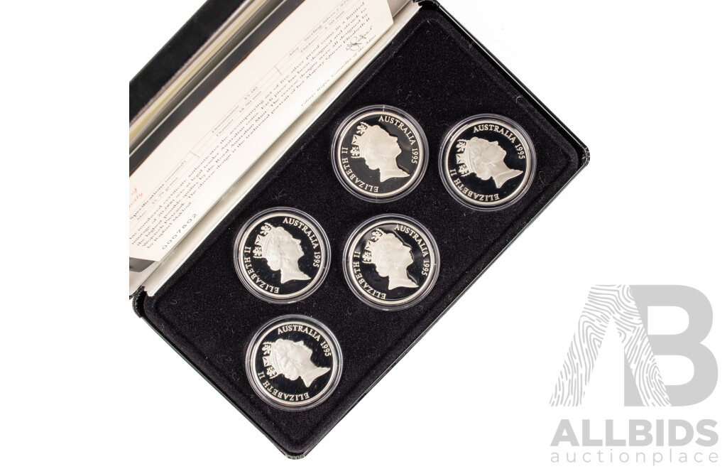 Australian 1995 Masterpieces in Silver Five Silver Proof Five Dollar Coins, Colonial Australia .925