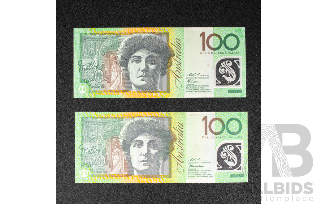 Two Australian One Hundred Dollar Notes, 1996 Fraser/Evans and 1999 MacFarlane/Evans