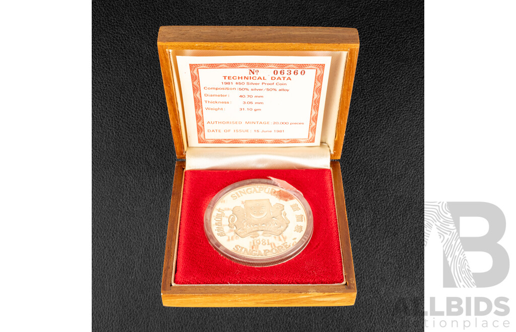 Singapore 1981 Silver Proof Fifty Dollar Coin, International Financial Center .500