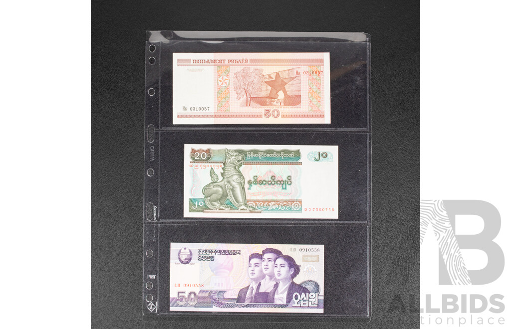 Collection of International Banknotes Including Ukraine, Vietnam, Tajikistan, Myanmar, Moldova, Artsakh, North Korea, India, Transnistria, Nicaragua, Madagascar