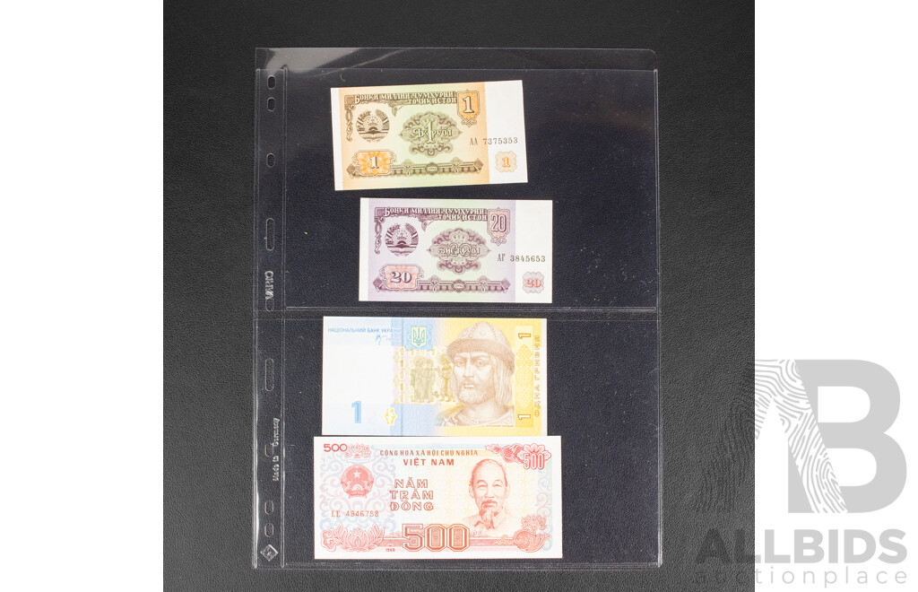 Collection of International Banknotes Including Ukraine, Vietnam, Tajikistan, Myanmar, Moldova, Artsakh, North Korea, India, Transnistria, Nicaragua, Madagascar