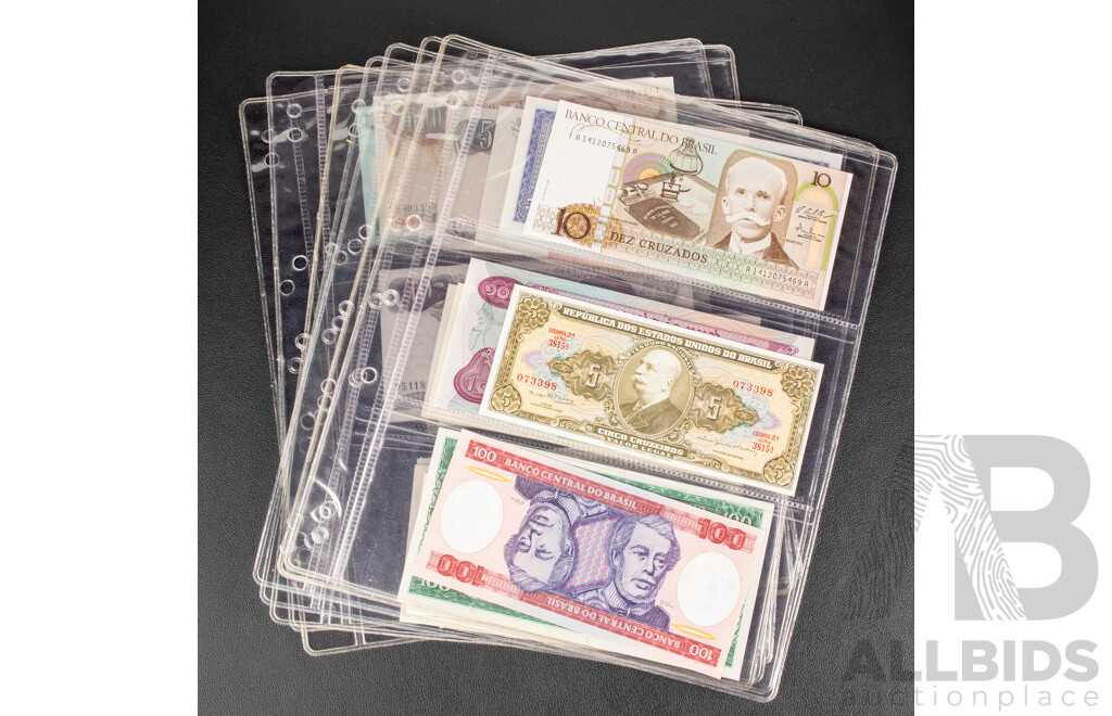 Collection of International Banknotes Including Brazil, Mozambique, Ecuador, Peru, Lebanon, Bolivia, Argentina, Cambodia