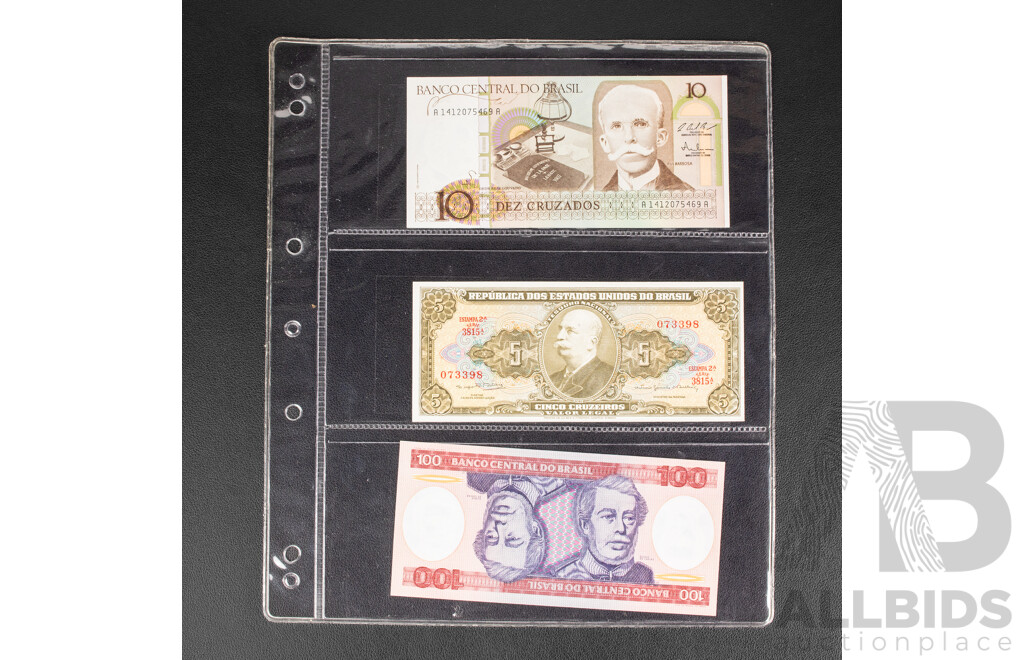 Collection of International Banknotes Including Brazil, Mozambique, Ecuador, Peru, Lebanon, Bolivia, Argentina, Cambodia