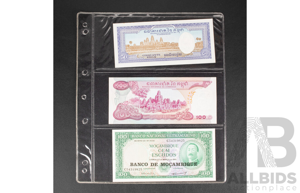 Collection of International Banknotes Including Brazil, Mozambique, Ecuador, Peru, Lebanon, Bolivia, Argentina, Cambodia