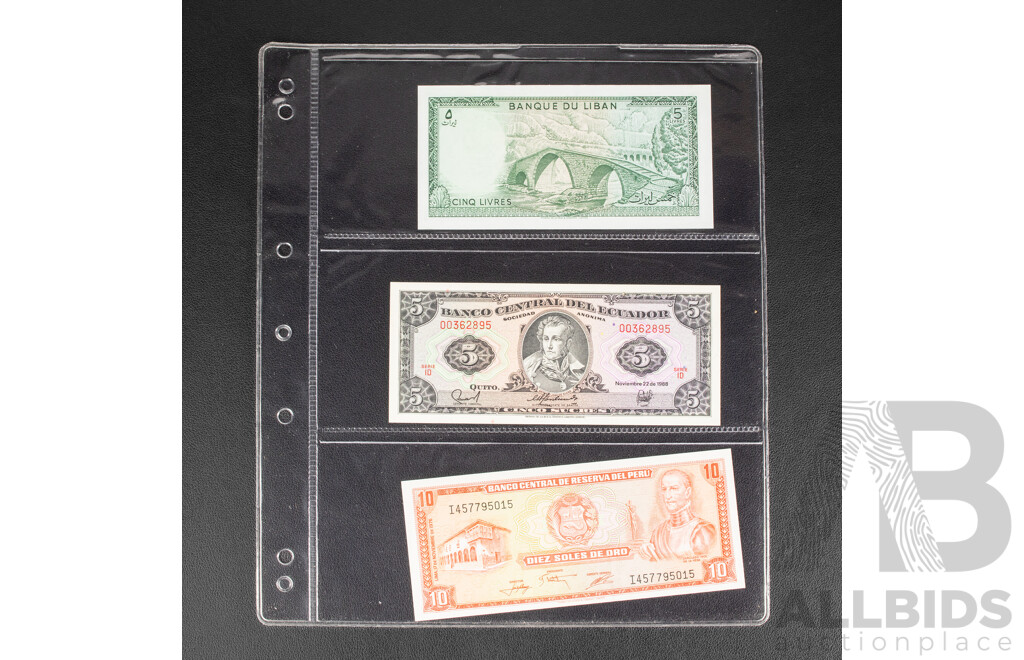 Collection of International Banknotes Including Brazil, Mozambique, Ecuador, Peru, Lebanon, Bolivia, Argentina, Cambodia