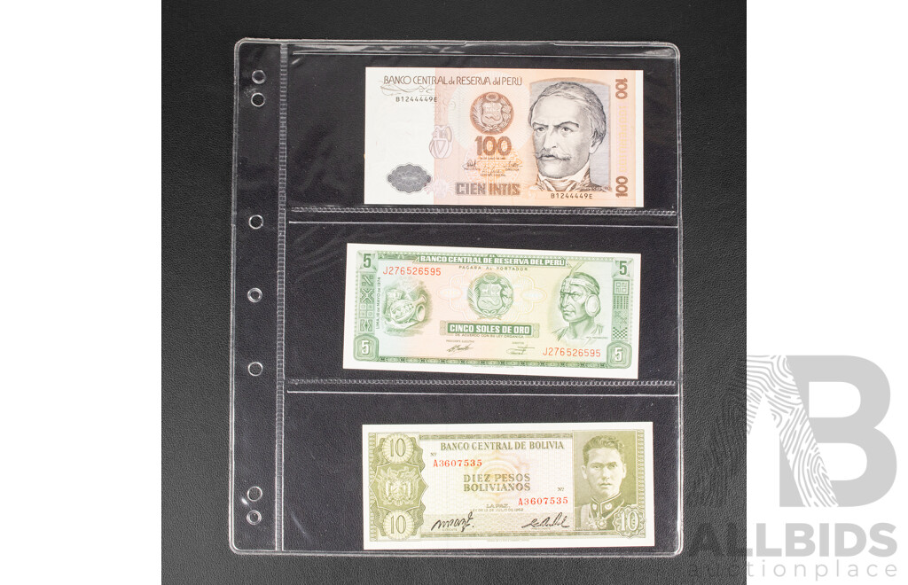 Collection of International Banknotes Including Brazil, Mozambique, Ecuador, Peru, Lebanon, Bolivia, Argentina,  Cambodia
