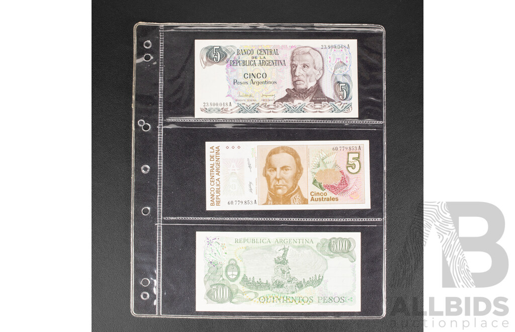 Collection of International Banknotes Including Brazil, Mozambique, Ecuador, Peru, Lebanon, Bolivia, Argentina,  Cambodia