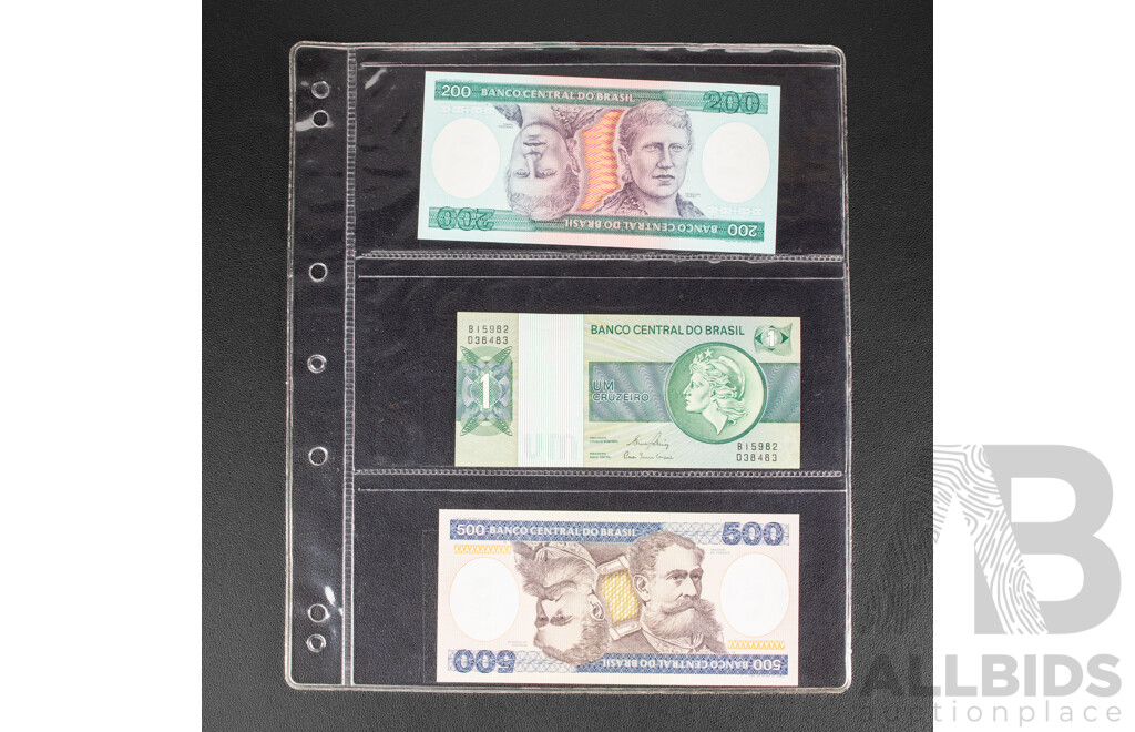 Collection of International Banknotes Including Brazil, Mozambique, Ecuador, Peru, Lebanon, Bolivia, Argentina,  Cambodia