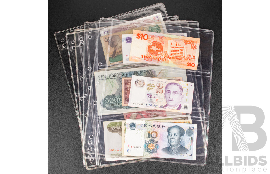 Collection of International Banknotes Including Nepal, China 1936 Five Dollars, Cambodia, Singapore, Indonesia