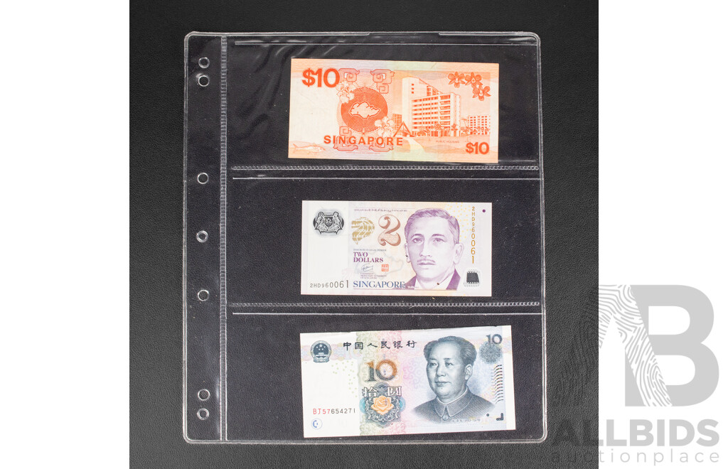 Collection of International Banknotes Including Nepal, China 1936 Five Dollars, Cambodia, Singapore, Indonesia