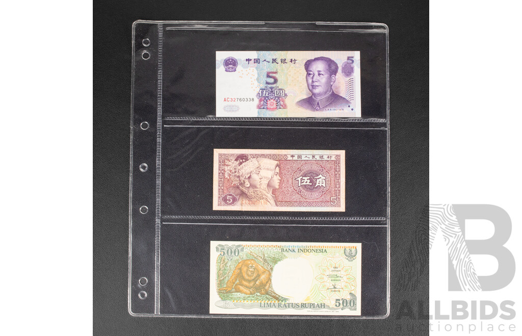 Collection of International Banknotes Including Nepal, China 1936 Five Dollars, Cambodia, Singapore, Indonesia