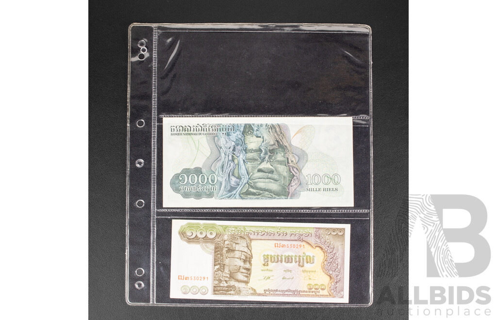 Collection of International Banknotes Including Nepal, China 1936 Five Dollars, Cambodia, Singapore, Indonesia