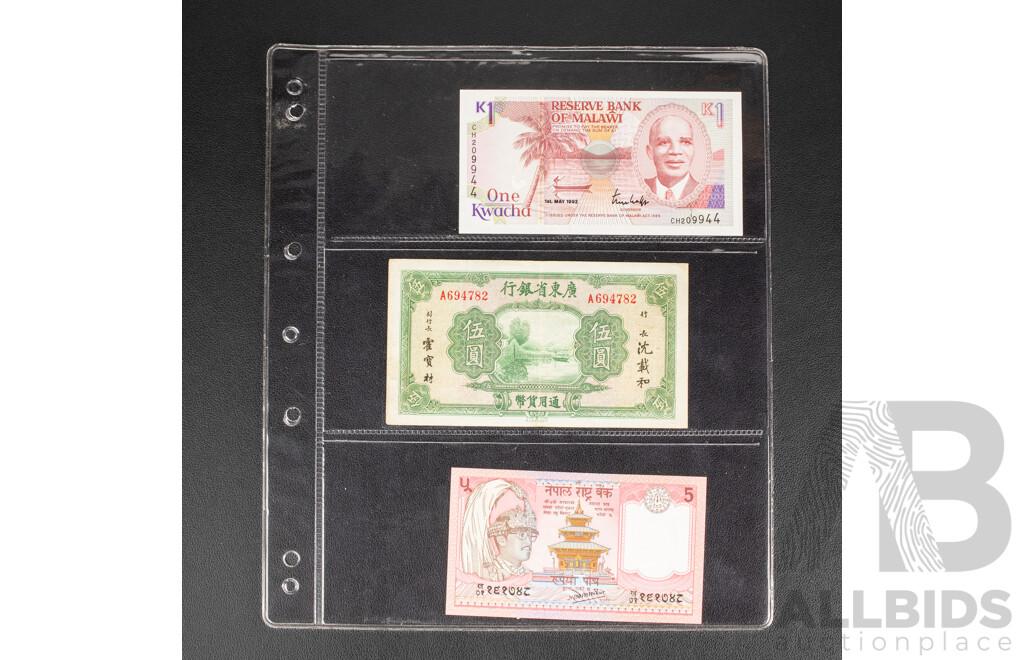 Collection of International Banknotes Including Nepal, China 1936 Five Dollars, Cambodia, Singapore, Indonesia