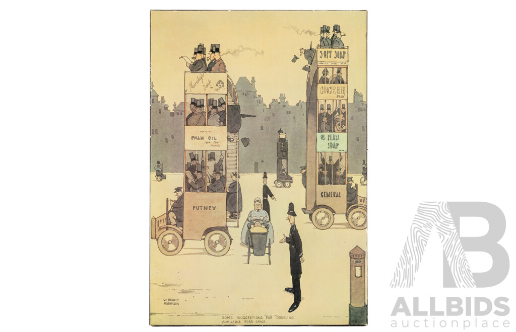 W. Heath Robinson, (19/20th Centuries, British, 1872-1944), Some Suggestions for Doubling Available Road Space, Vintage Poster Print, 80H x 55W cm