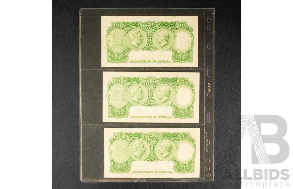 Three Australian 1953 One Pound Notes, R33 Coombs/Wilson