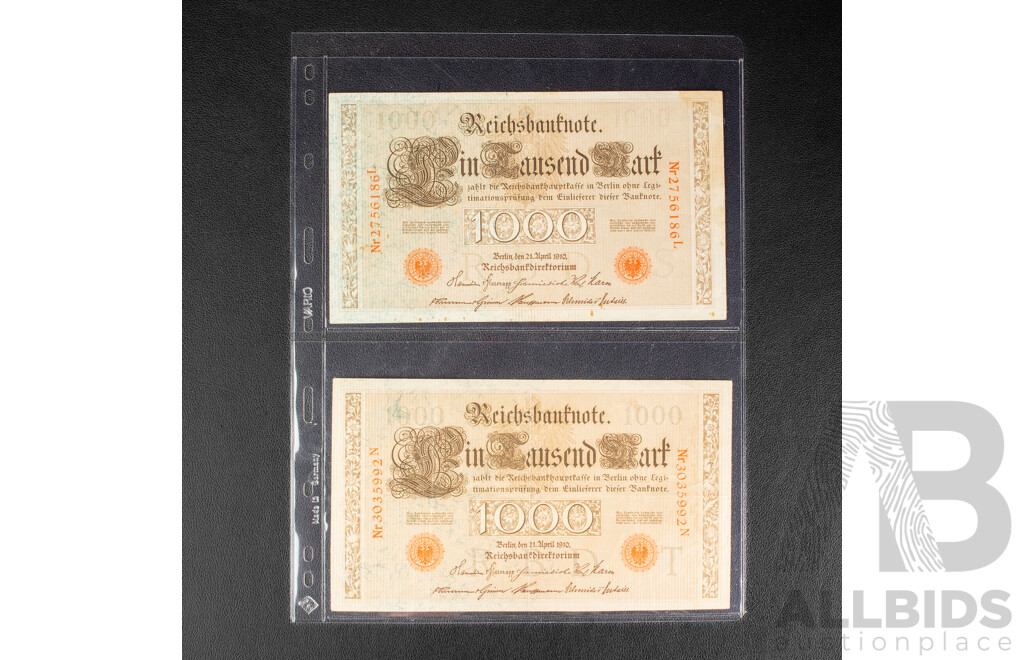 Collection of International Banknotes Including Two German 1910 One Thousand Marks, French Pacific Territory 1000 Francs, Peru, Argentina, Mozambique