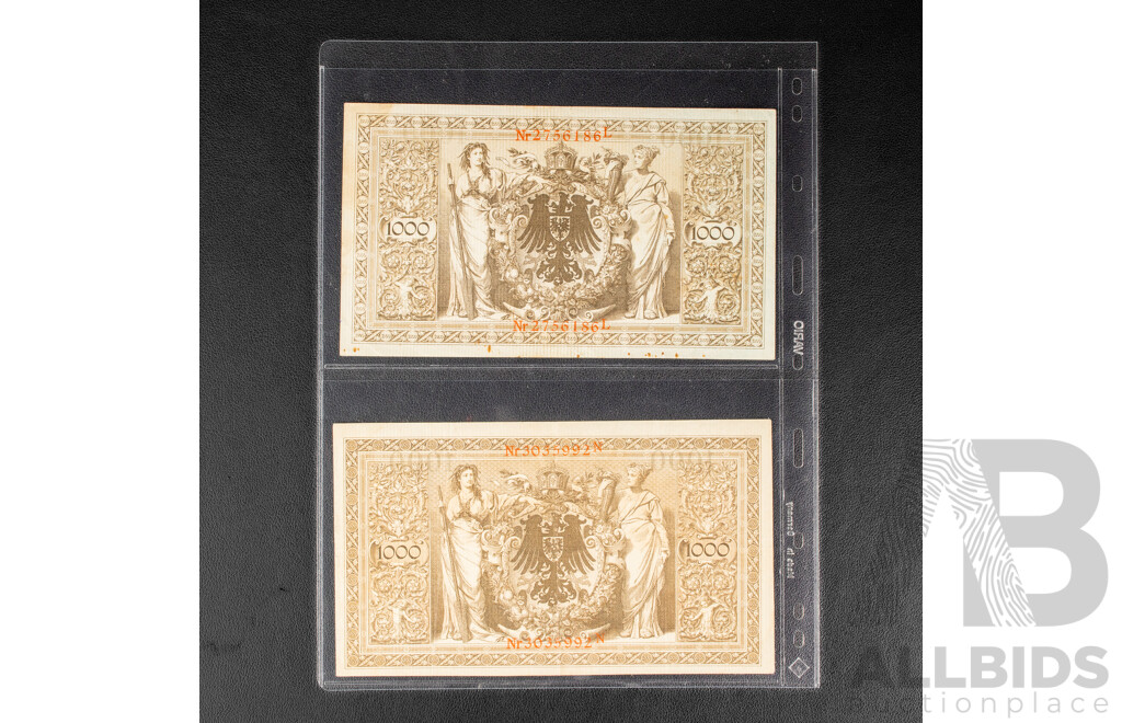 Collection of International Banknotes Including Two German 1910 One Thousand Marks, French Pacific Territory 1000 Francs, Peru, Argentina, Mozambique