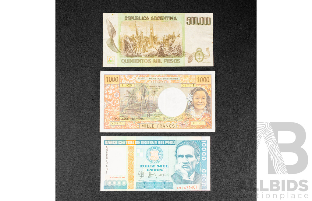Collection of International Banknotes Including Two German 1910 One Thousand Marks, French Pacific Territory 1000 Francs, Peru, Argentina, Mozambique