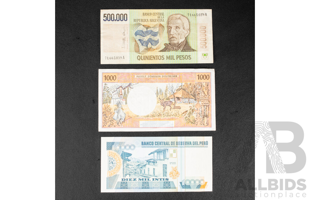 Collection of International Banknotes Including Two German 1910 One Thousand Marks, French Pacific Territory 1000 Francs, Peru, Argentina, Mozambique