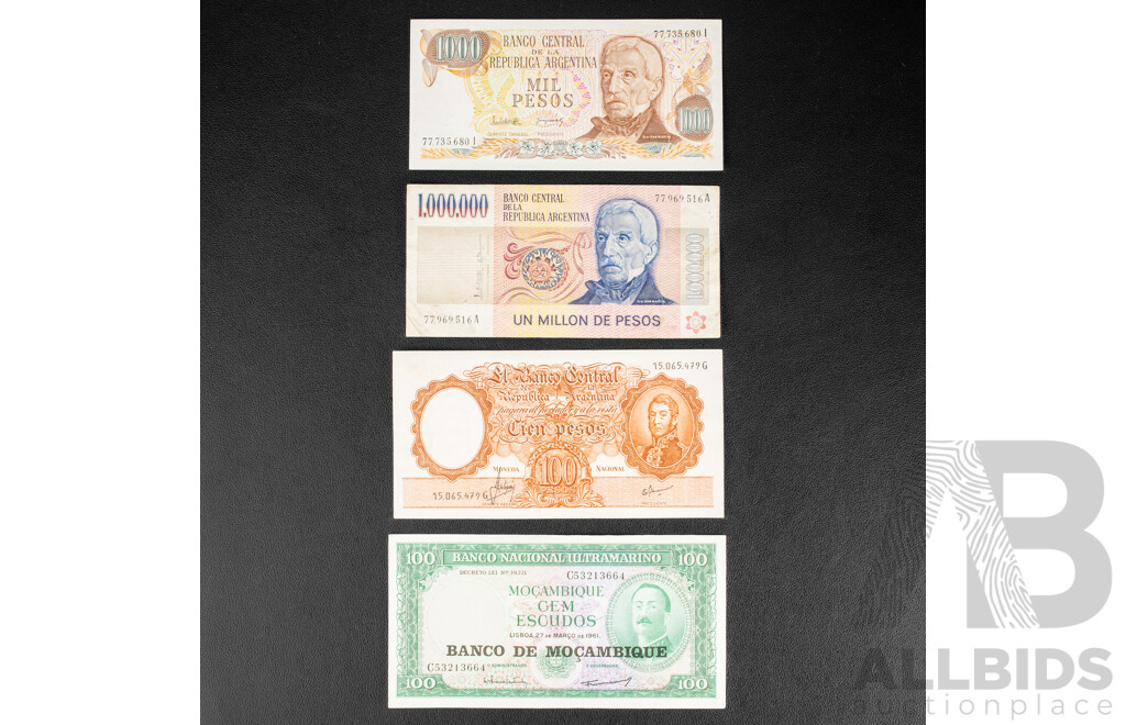 Collection of International Banknotes Including Two German 1910 One Thousand Marks, French Pacific Territory 1000 Francs, Peru, Argentina, Mozambique