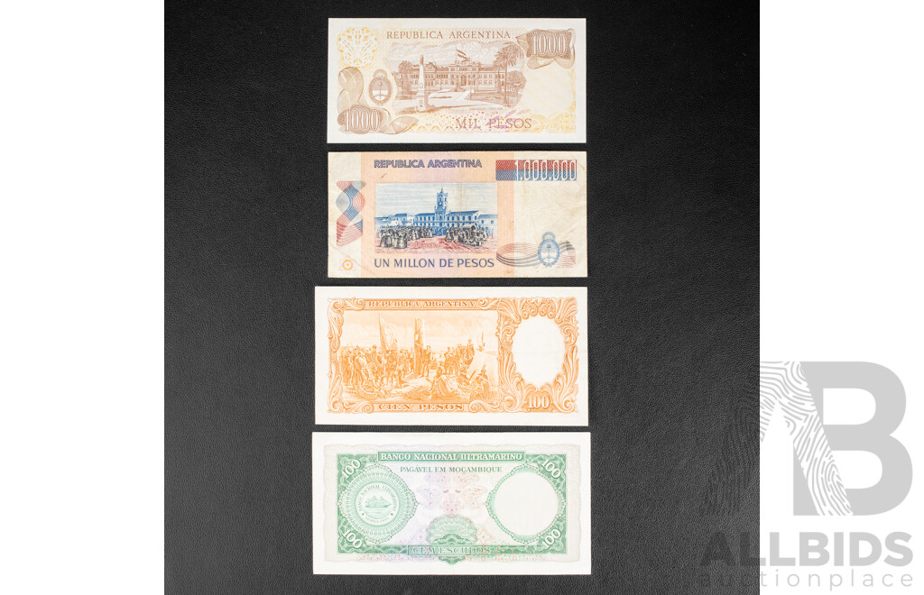 Collection of International Banknotes Including Two German 1910 One Thousand Marks, French Pacific Territory 1000 Francs, Peru, Argentina, Mozambique