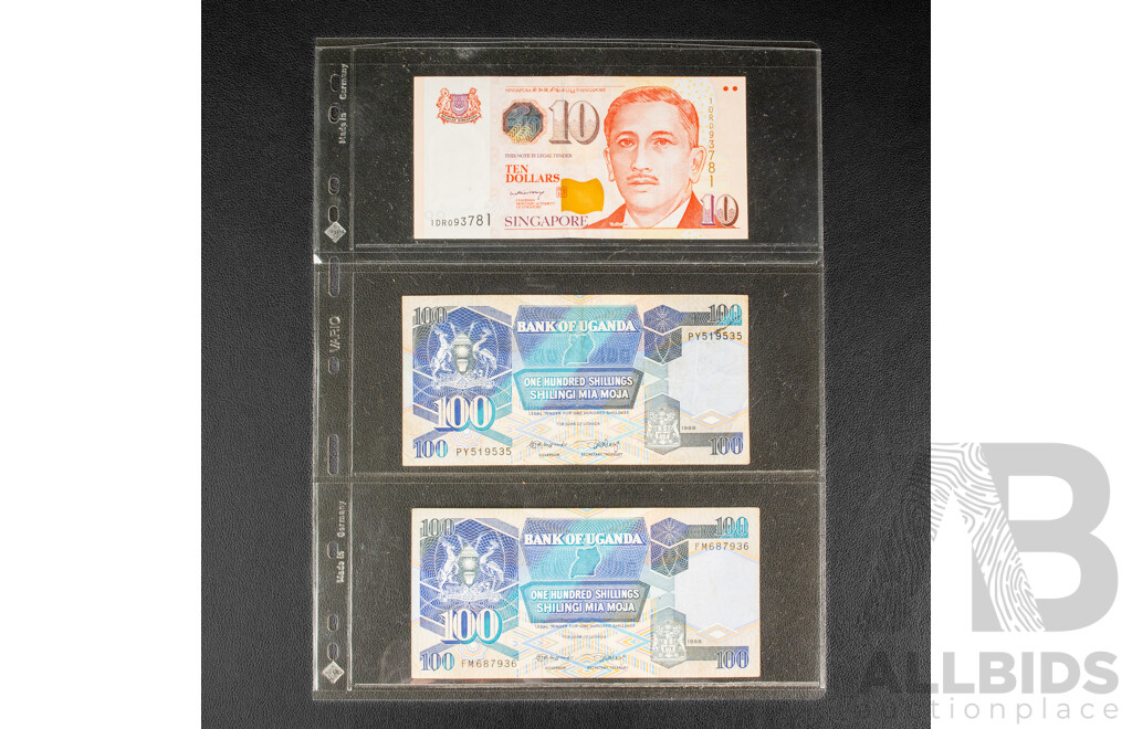 Collection of International Banknotes Including Three Consecutive Brazil One Hundred Cruzados, Singapore, Hong Kong, Macau, Ghana, Zaire, Uganda