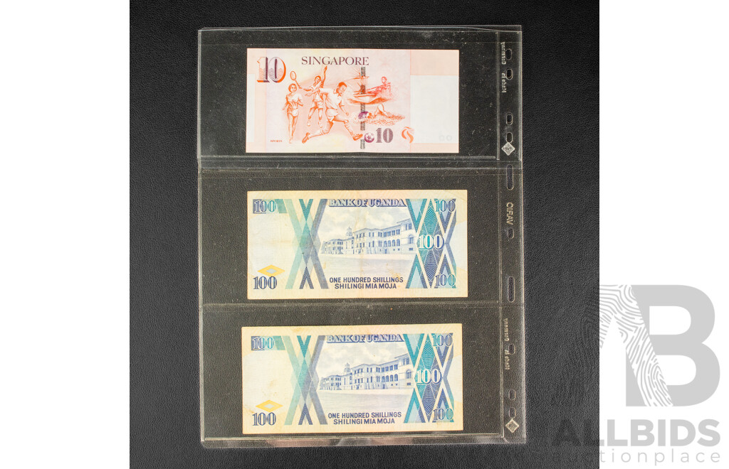 Collection of International Banknotes Including Three Consecutive Brazil One Hundred Cruzados, Singapore, Hong Kong, Macau, Ghana, Zaire, Uganda