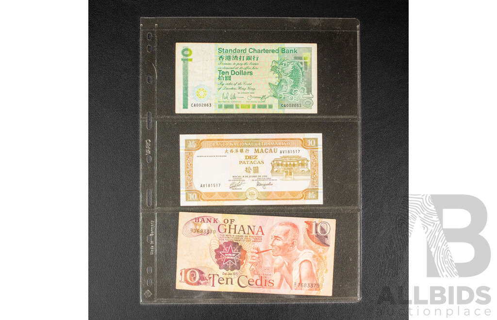 Collection of International Banknotes Including Three Consecutive Brazil One Hundred Cruzados, Singapore, Hong Kong, Macau, Ghana, Zaire, Uganda