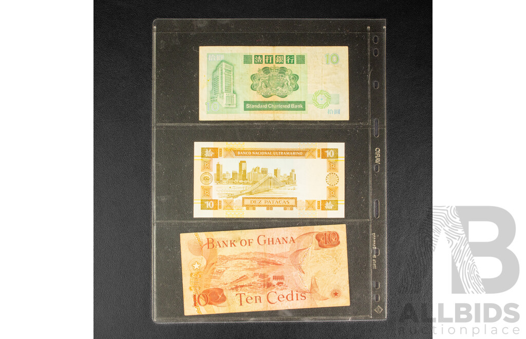 Collection of International Banknotes Including Three Consecutive Brazil One Hundred Cruzados, Singapore, Hong Kong, Macau, Ghana, Zaire, Uganda