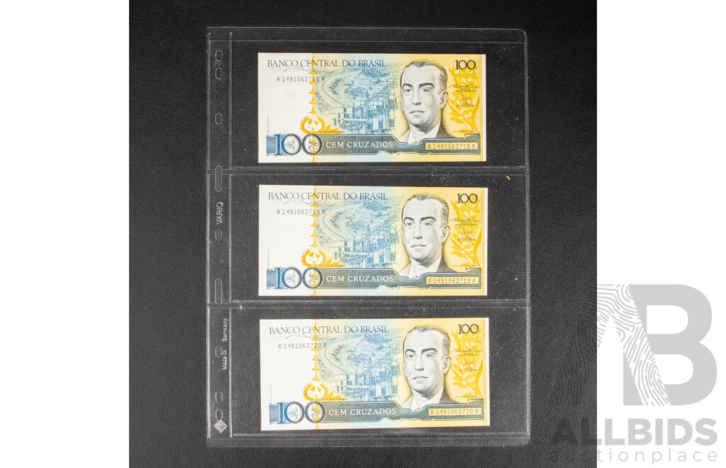 Collection of International Banknotes Including Three Consecutive Brazil One Hundred Cruzados, Singapore, Hong Kong, Macau, Ghana, Zaire, Uganda
