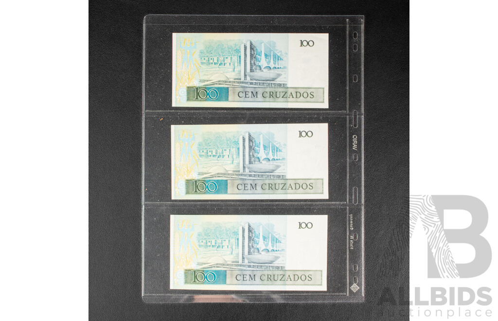 Collection of International Banknotes Including Three Consecutive Brazil One Hundred Cruzados, Singapore, Hong Kong, Macau, Ghana, Zaire, Uganda
