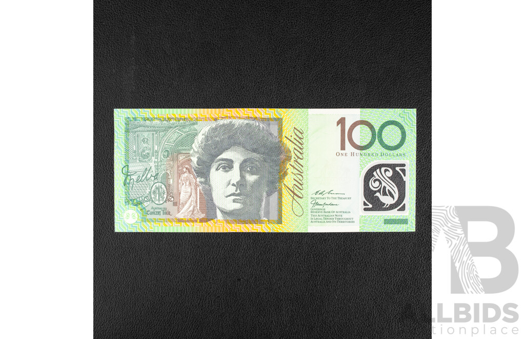 Australian 1999 UNC One Hundred Dollar Note, MacFarlane/Evans, Ink Splotch Near Serial