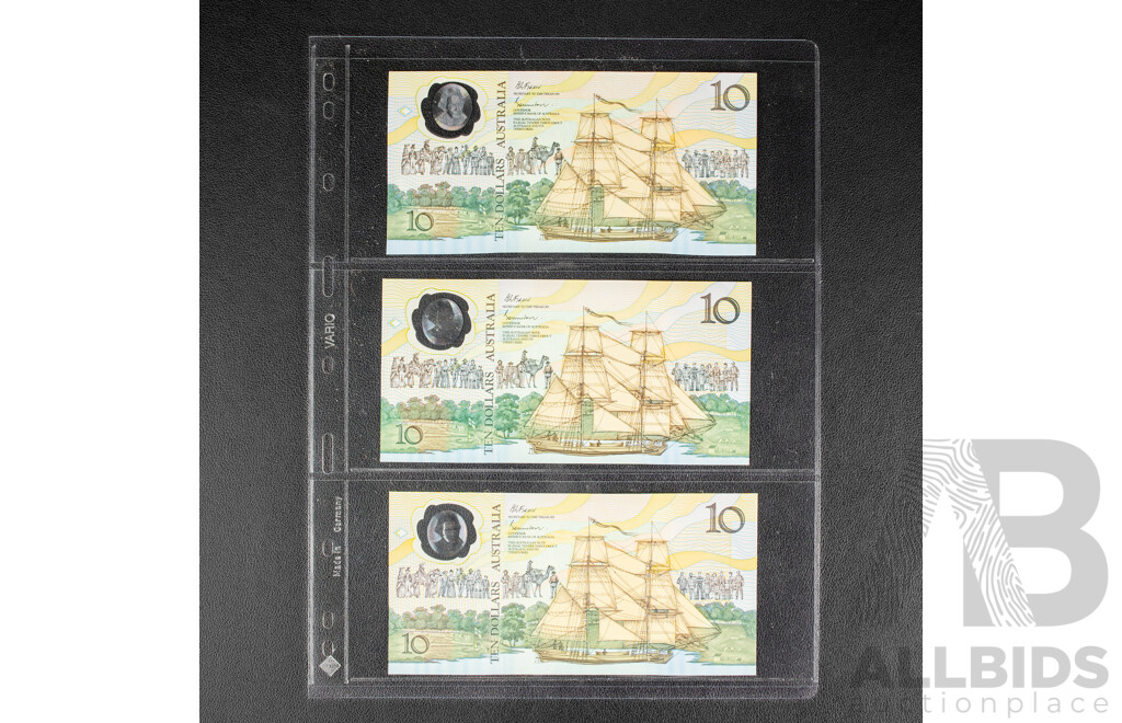 Three Australian 1988 UNC Ten Dollar Notes, Bicentennial Fraser/Evans, R310bf
