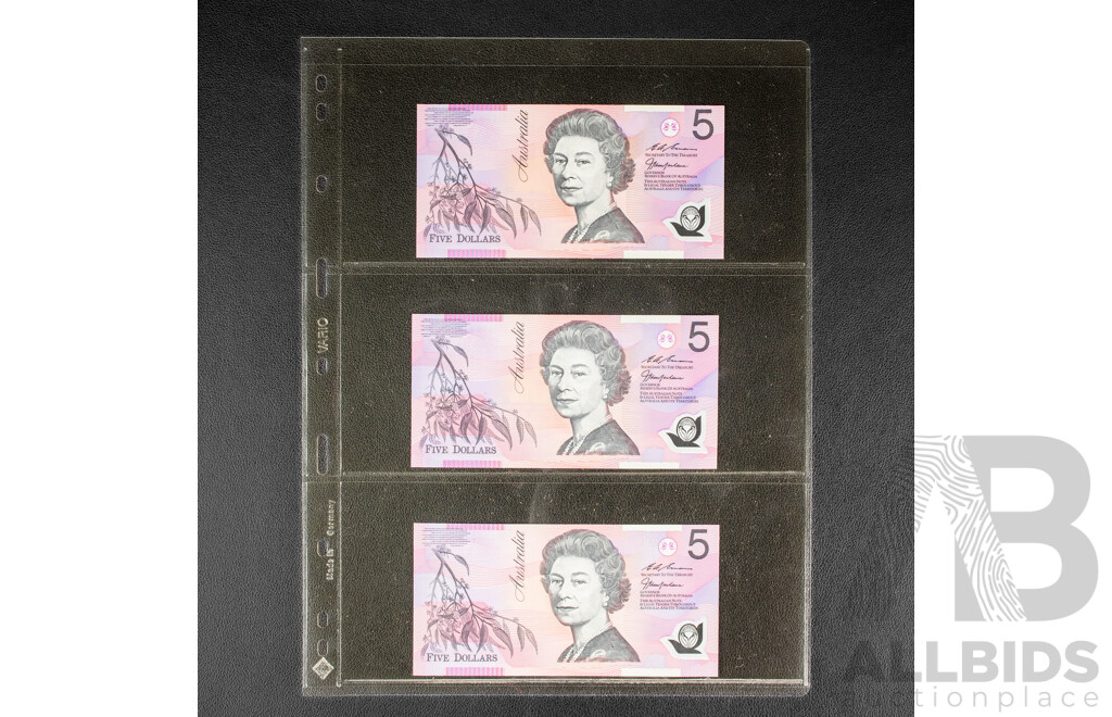 Three Australian 1998 UNC Five Dollar Notes, Fraser/MacFarlane,